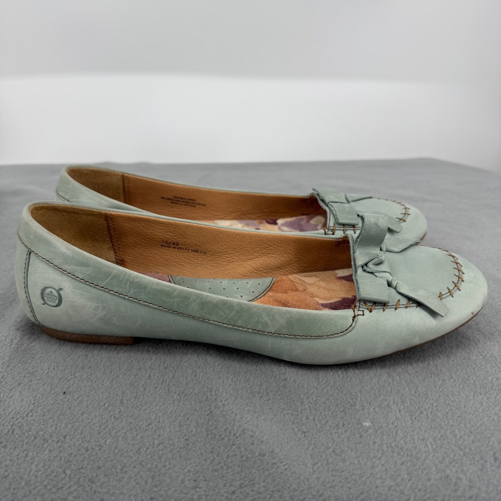 Born Womens 10 EU 42 Leather Ballet Flats Sage Green Bow Comfort Shoes Loafer - Picture 4 of 9